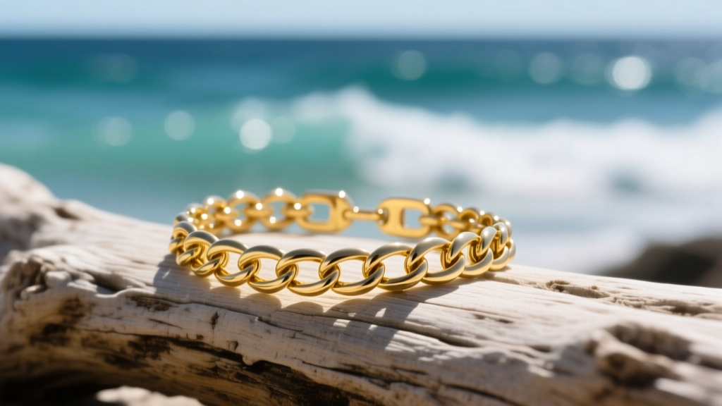 Close-up of 14k yellow gold permanent bracelet chain resting on weathered driftwood with blurred ocean waves in the background.