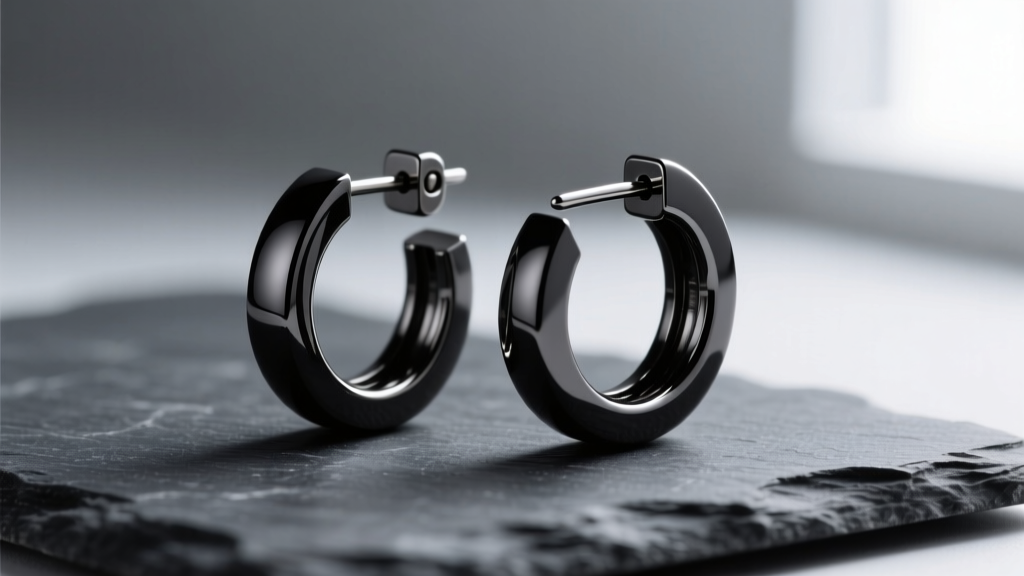 Macro shot of black PVD titanium hoop earrings on dark slate, highlighting the matte metallic finish and seamless clicker closure