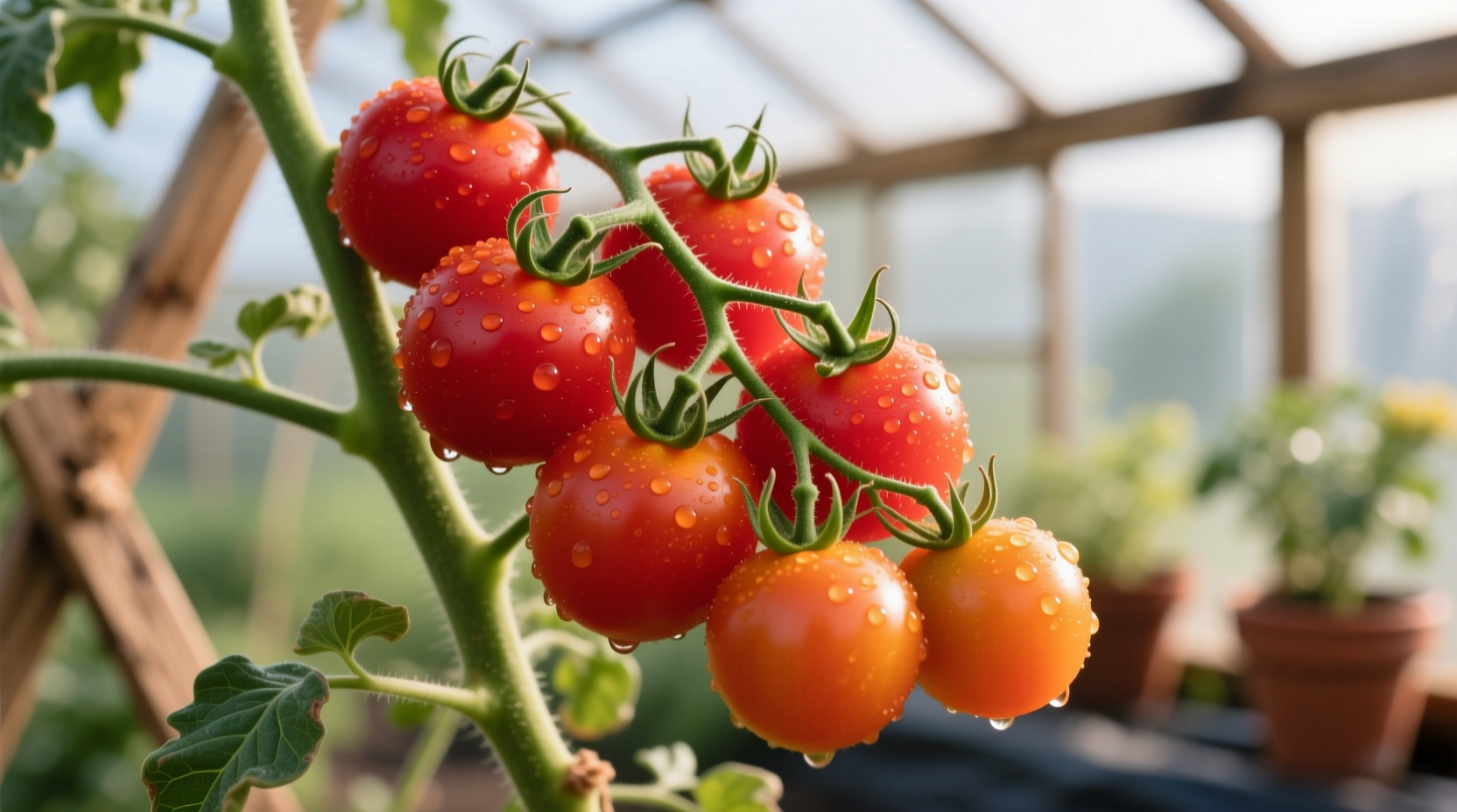 Cluster of bright red Sweetie cherry tomatoes on vine