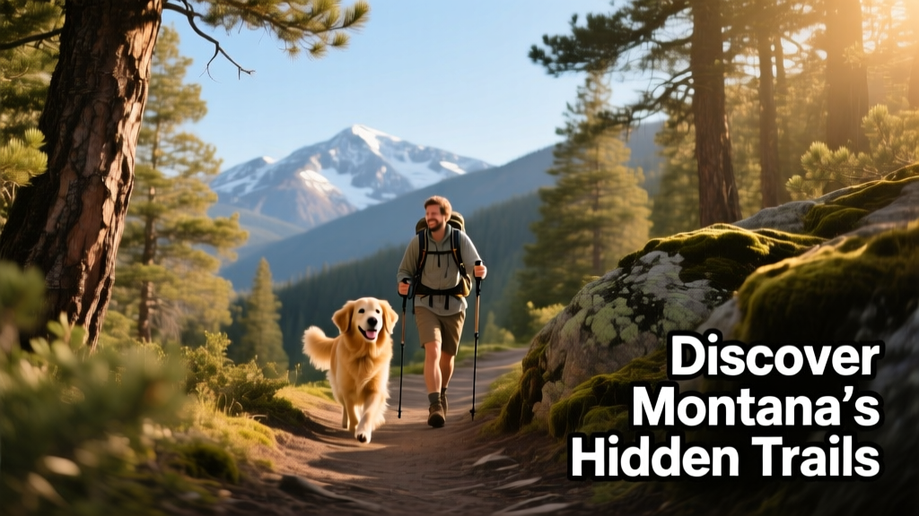 A scenic mountain trail near Missoula, MT, with a dog trotting alongside its owner amid pine forests and distant peaks