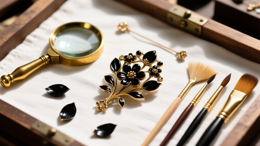 Overhead view of a jeweler workbench with a disassembled Victorian gutta-percha mourning brooch, brass loupe, and brushes