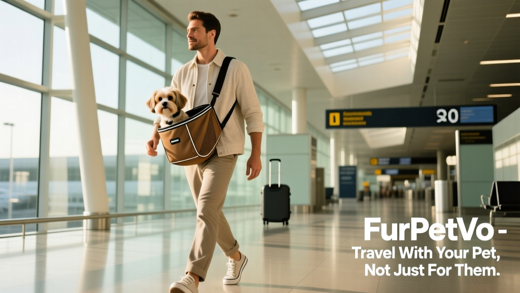 A traveler wearing a FurPetVo sling carrier while walking confidently through an airport terminal