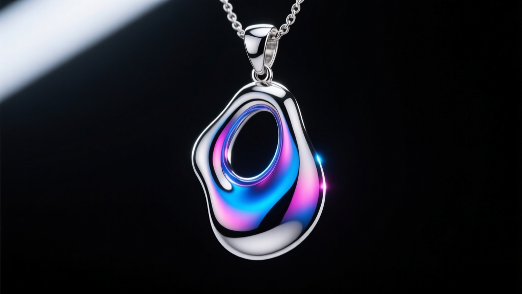 Close-up of a high-polish rhodium-plated sterling silver molten pendant necklace catching neon light against a dark background