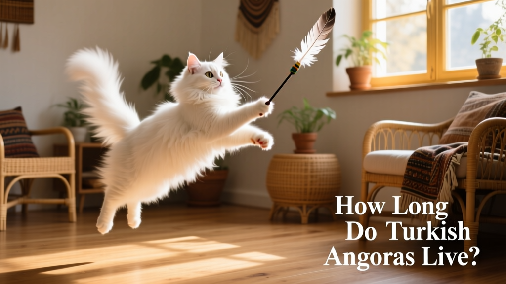 A Turkish Angora playing with a feather wand toy, demonstrating agility and playful energy