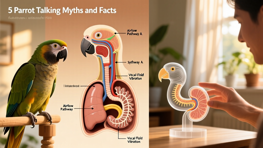 Side-by-side anatomical illustration showing human larynx vs. avian syrinx, with labeled airflow paths