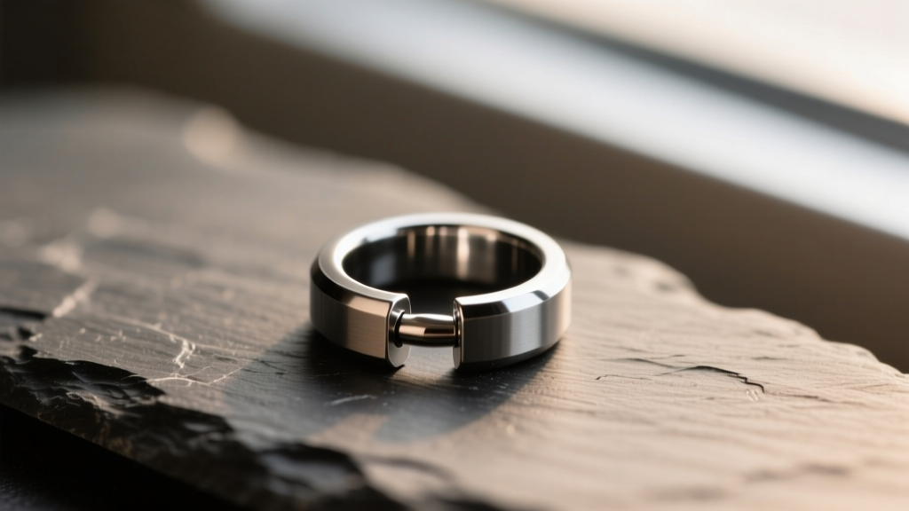 Close-up of an 8mm titanium daith clicker ring on dark slate under soft light, highlighting the seamless hinge mechanism.