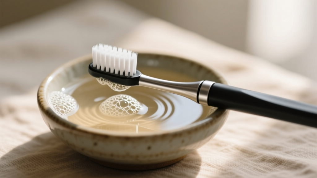 Soft-bristled toothbrush gently cleaning the grooves of a two-tone cable ring over a small ceramic bowl of warm soapy water.