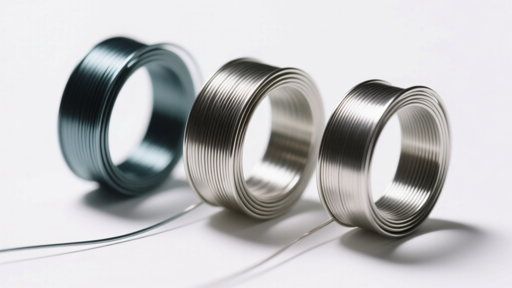 Macro shot of three nylon-coated beading wire coils in 0.012, 0.018, and 0.024 inch thicknesses resting on a clean white surface.