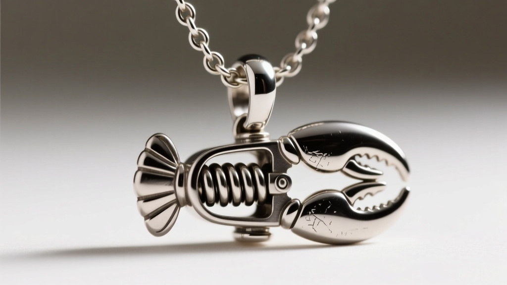 Close-up of a 5mm lobster clasp on a heavy hanging necklace, revealing the internal spring mechanism and a soldered jump ring.