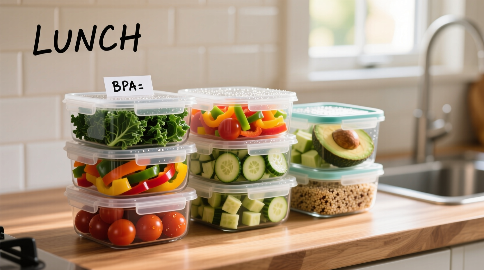 Colorful meal prep containers with fresh ingredients