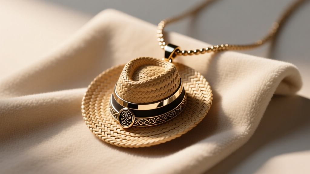 Mixed-media Jazz Chisholm straw hat necklace pendant on a microfiber cloth, showing metallic textures under warm studio light.