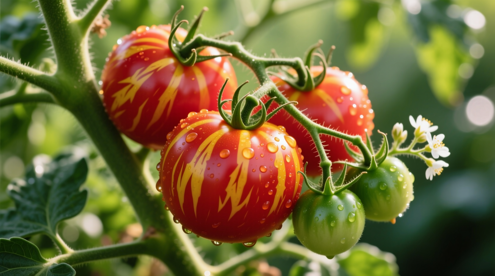 Ripe tiger tomatoes on vine with distinctive yellow and red stripes
