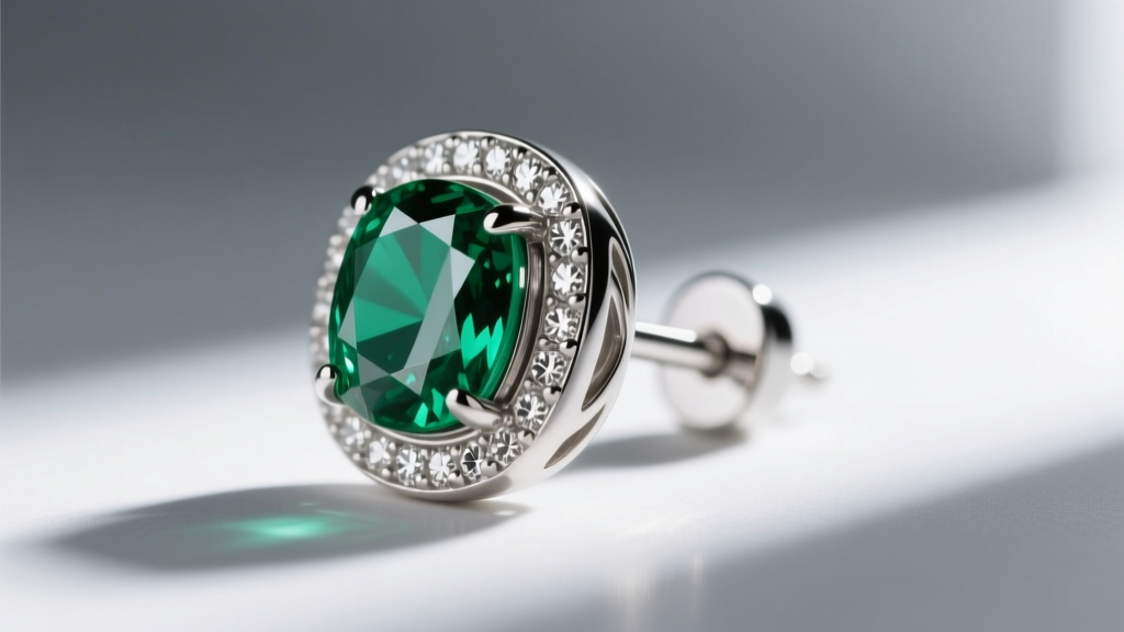 Side profile of a platinum bezel-set emerald stud earring with diamond accent, showing secure corner protection for daily wear.