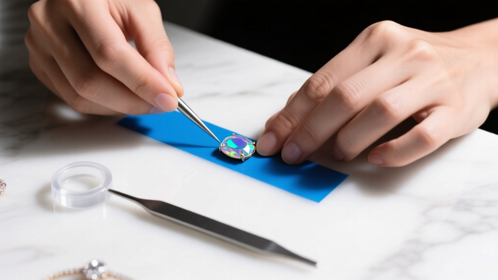 Top view of hands applying blue tape over an opal cabochon before using a Teflon bezel pusher in a brightly lit jewelry studio