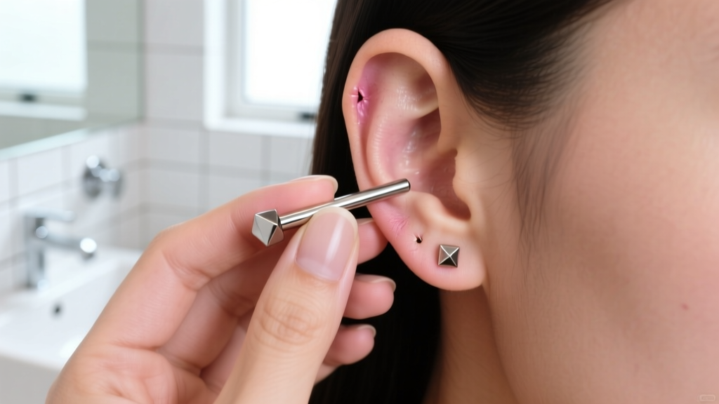 Hands gently inserting an 18-gauge threadless metal stud earring into a healed earlobe in a bright, clean modern bathroom setting.