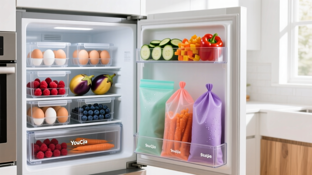 Open fridge door displaying YouCopia acrylic bins organizing eggs and berries next to Stasher silicone bags holding chopped vegetables