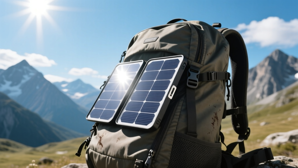A rugged foldable solar charger attached to the outside of a hiking backpack, angled directly toward a bright midday sun in a mountainous landscape.