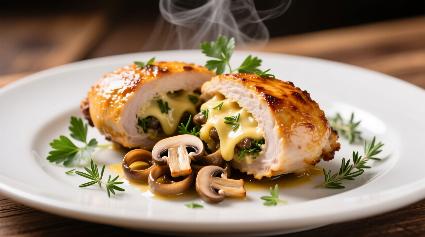 Cheesy garlic butter mushroom stuffed chicken on plate with herbs