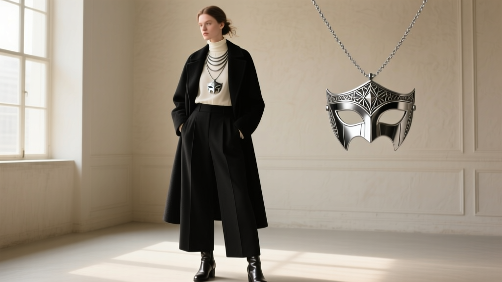 Woman in dark academia clothing wearing a layered stainless steel Geo pendant and a delicate Knight mask necklace on her chest