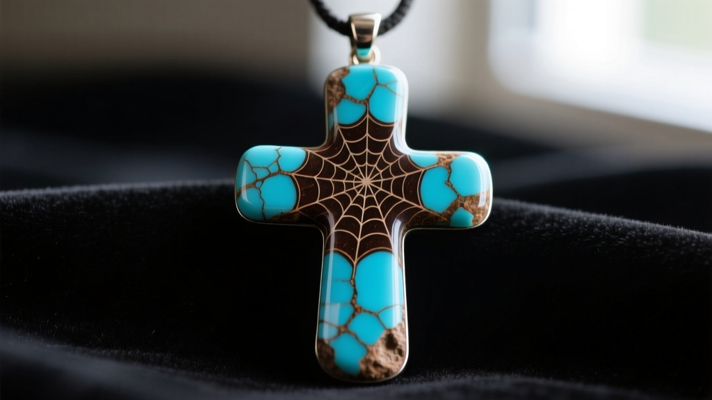 Macro shot of a raw Kingman turquoise cross pendant showing dark brown spiderweb matrix against a dark velvet background surface