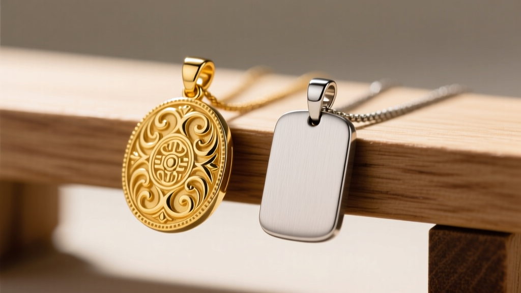 Macro photography comparing a polished 14k yellow gold pendant and a matte 316L stainless steel pendant side-by-side on a bench