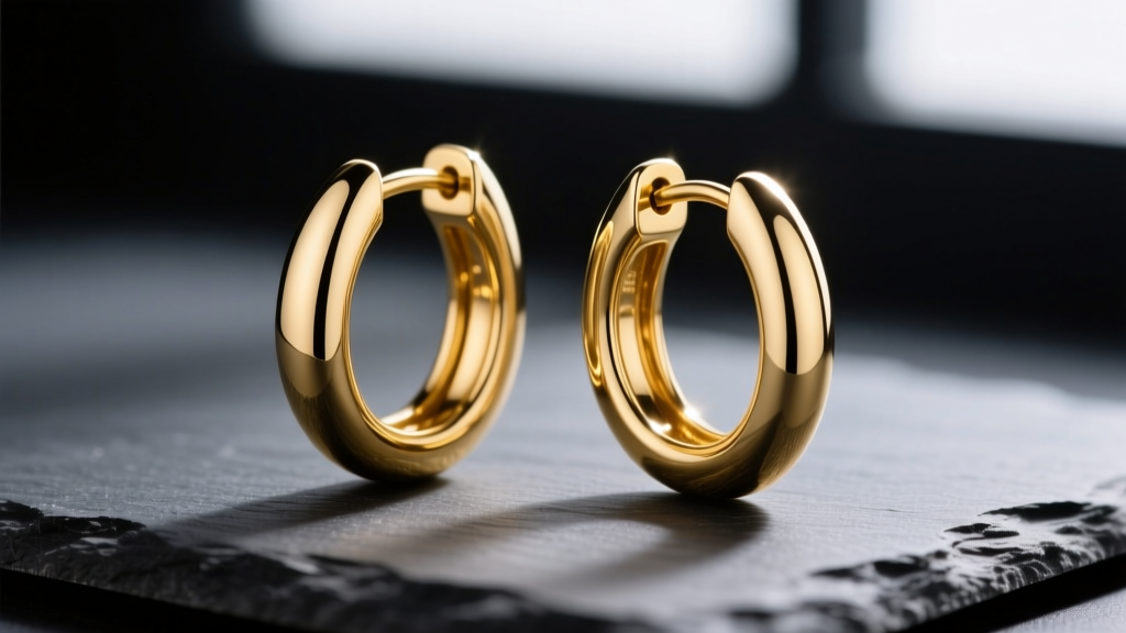 Close-up of 14k yellow gold oval hoop earrings on dark slate, highlighting the seamless hinged clasp and polished finish.