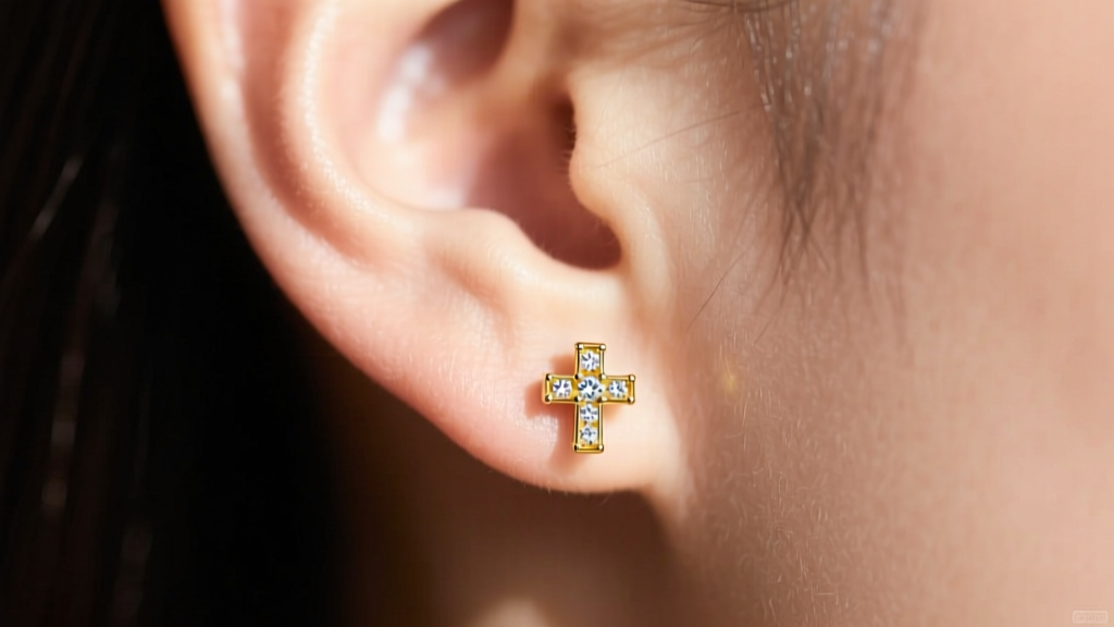 Close-up of an earlobe wearing a 14kt yellow gold petite diamond cross stud earring in soft, natural lighting.