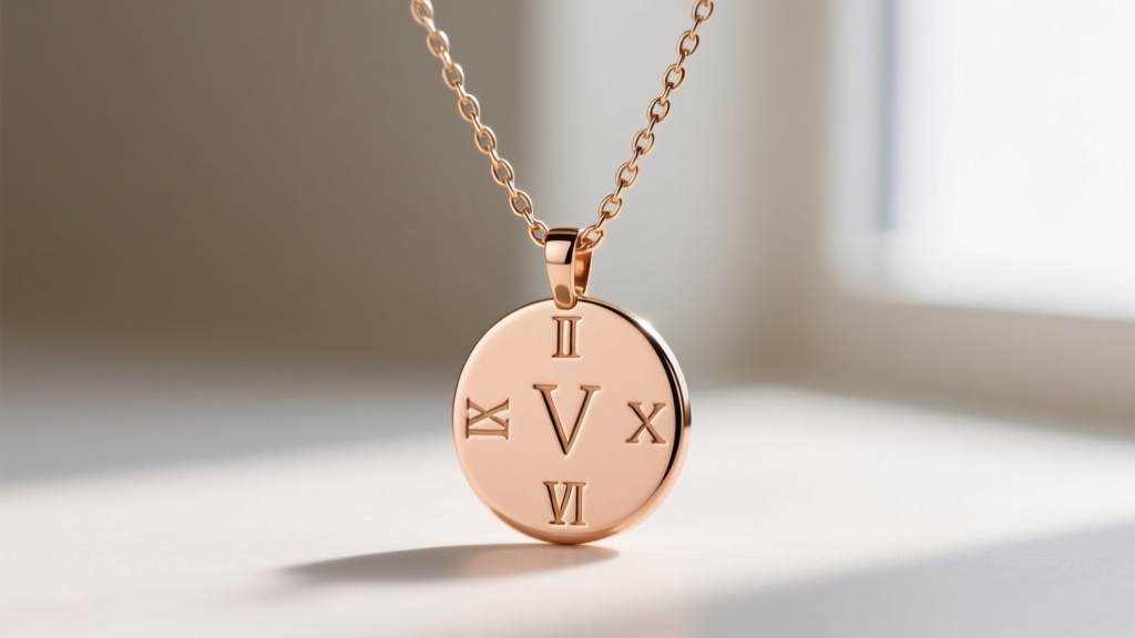 Macro shot of a 15mm 14k rose gold disc pendant with minimalist hand-engraved Roman numerals on a delicate 1.2mm box chain.