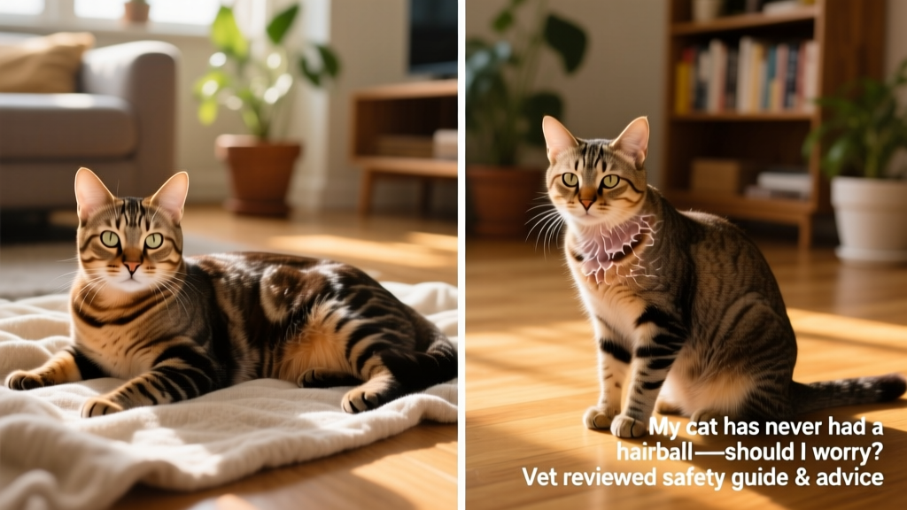 Side-by-side comparison: a healthy cat with shiny coat versus a cat showing signs of over-grooming (thin patches on neck)