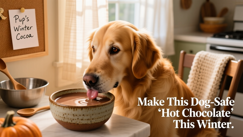 A golden retriever gently lapping from a ceramic bowl filled with creamy brown liquid
