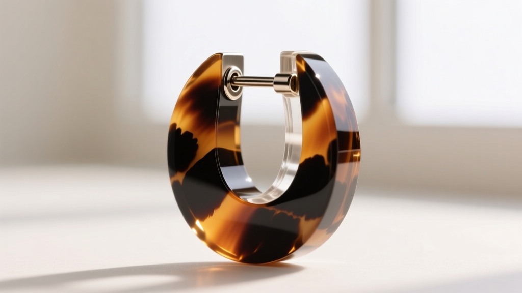 Macro shot of a laser-cut tortoiseshell acrylic earring showing the embedded titanium post and secure epoxy resin backing joint.
