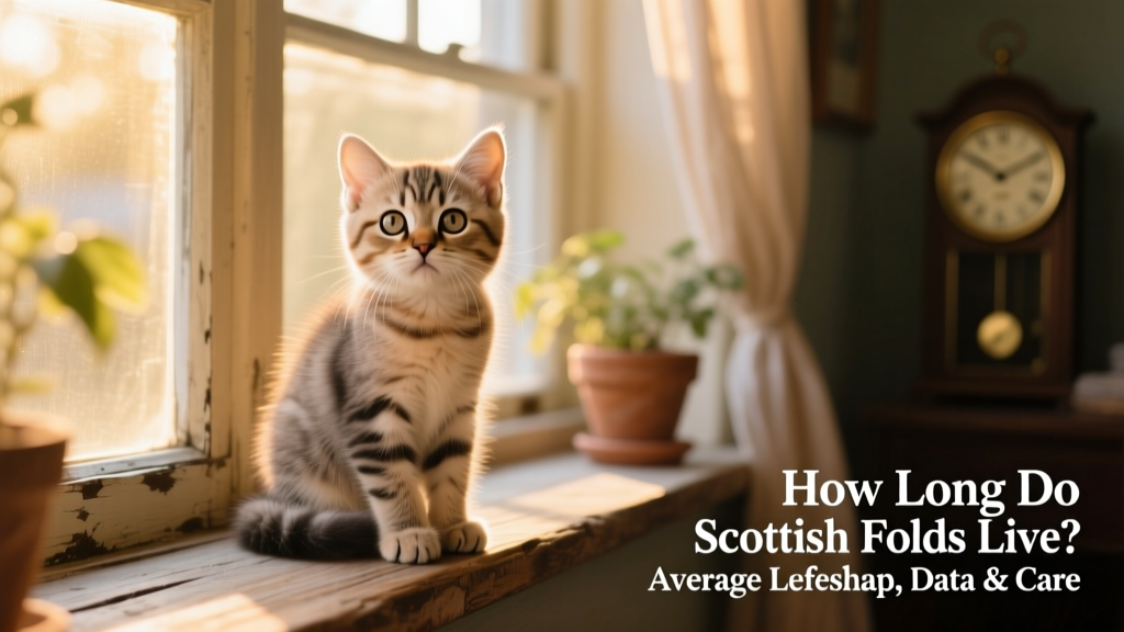 A curious Scottish Fold kitten sitting on a wooden windowsill, ears folded forward, looking out at sunlight