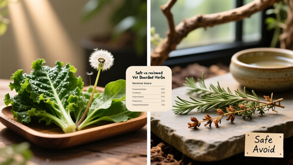 Side-by-side comparison: safe greens (collards, dandelion) versus unsafe herbs (thyme, rosemary, oregano)