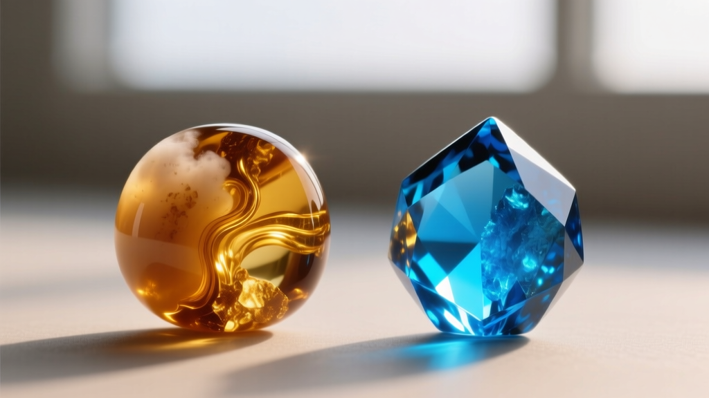 Macro shot comparing a cloudy butterscotch Baltic amber bead next to a crystal clear, blue-fluorescent Dominican amber bead.