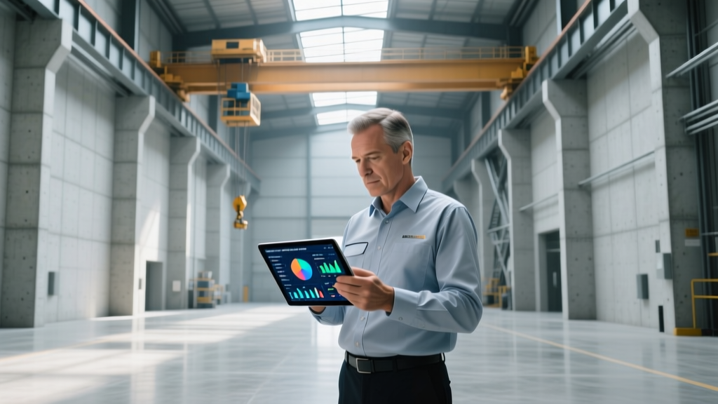 Safety manager reviewing digital compliance dashboards on a tablet inside a modern precast concrete manufacturing facility with overhead cranes