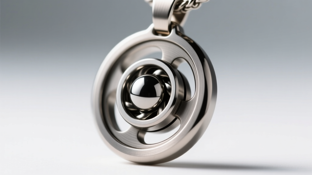 Macro shot of a titanium kinetic spinner pendant mechanism, highlighting the precision ceramic ball bearing and brushed matte finish.