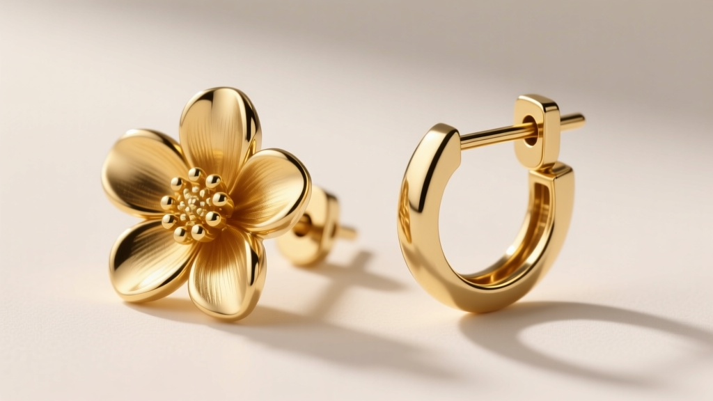 Side-by-side comparison of a solid 18k gold designer flower earring and a gold-plated brass earring showing the clasp mechanism