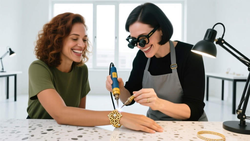 Two friends smiling in a bright studio while a jeweler uses a micro-TIG welder to fuse a delicate gold ankle bracelet on a wrist