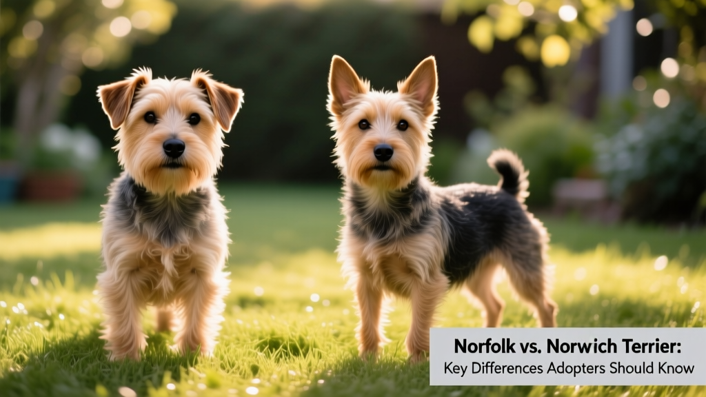 Side-by-side comparison of a Norfolk Terrier with drop ears and a Norwich Terrier with upright prick ears, both standing confidently on grass