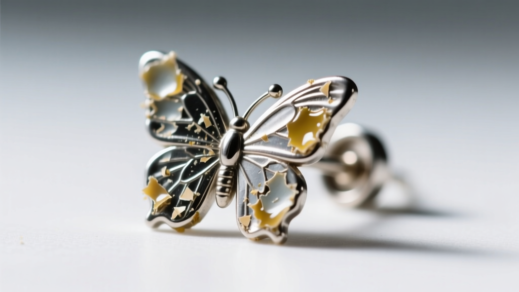Macro shot of a steel butterfly earring back revealing built-up sebum and skin cells requiring careful cleaning and sanitation.