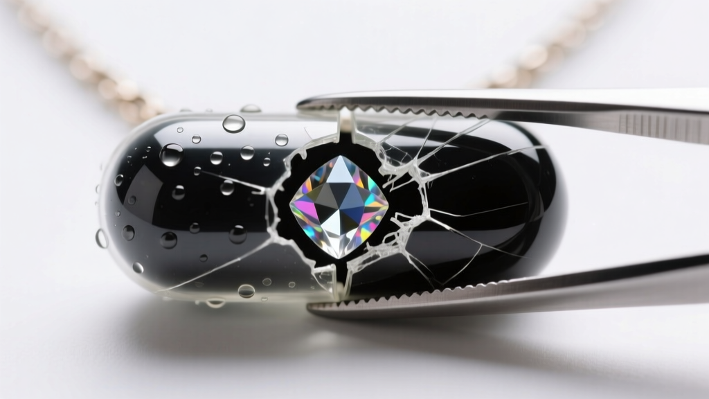 Macro view of a damaged mood necklace capsule with a cloudy black interior held by tweezers, showing moisture ingress and crystal failure.