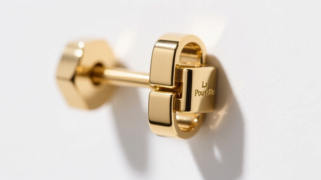 Close-up of a La Pousette safety backing locked onto an 18-gauge gold earring post, photographed against a clean white backdrop.