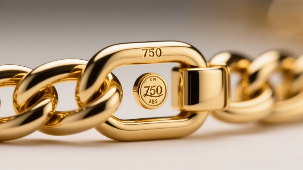 Macro shot of an 18k Italian gold chain clasp clearly showing the 750 hallmark and a tiny maker