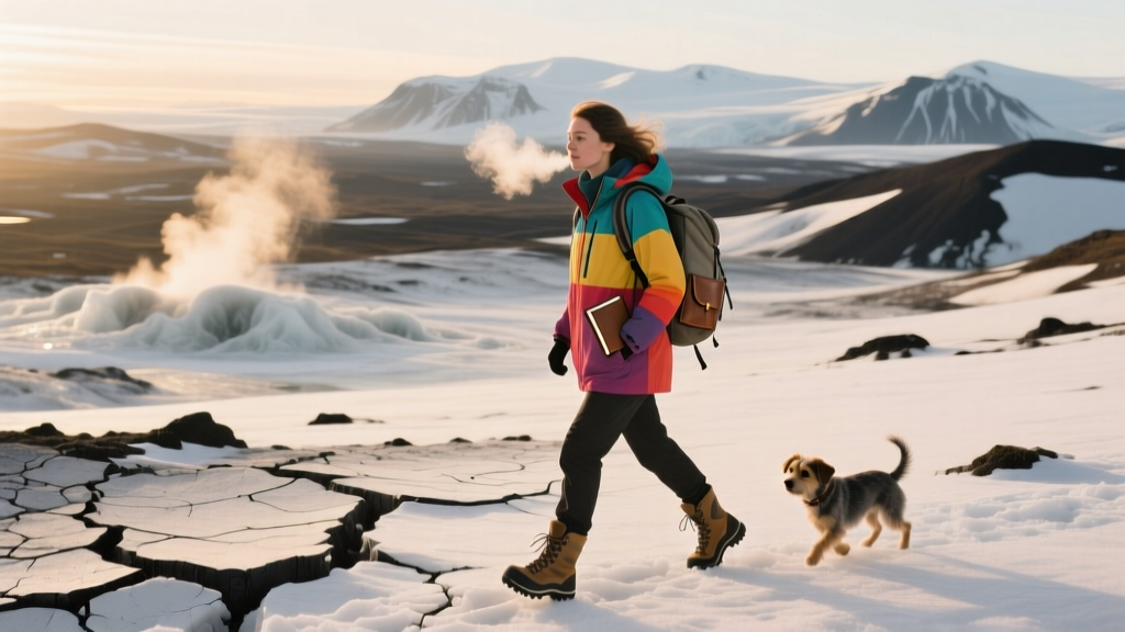 A woman walking through snow-covered volcanic terrain in Iceland, wearing a colorful parka and hiking boots