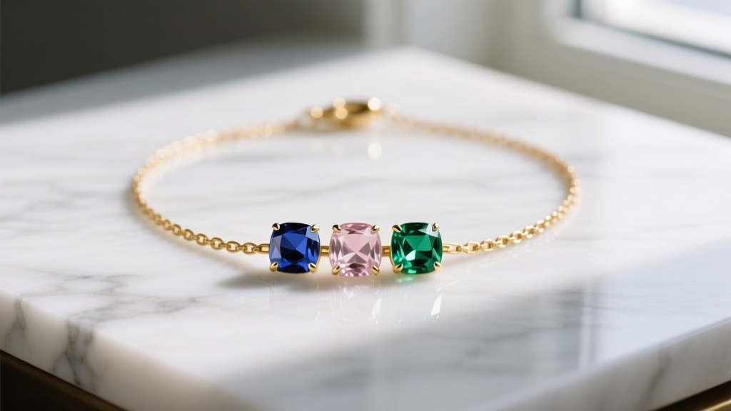 Flat lay of a custom gold mother birthstone necklace with three gemstones on a marble surface, soft natural lighting.