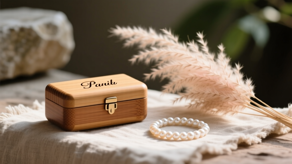 Bamboo wooden jewelry case engraved with initials on rustic linen cloth beside dried pampas grass and pearl bracelets.