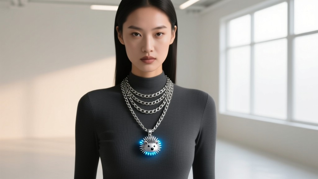 Model wearing layered silver chains and a small sci-fi hedgehog pendant over a dark shirt, lit by soft, diffused natural daylight.