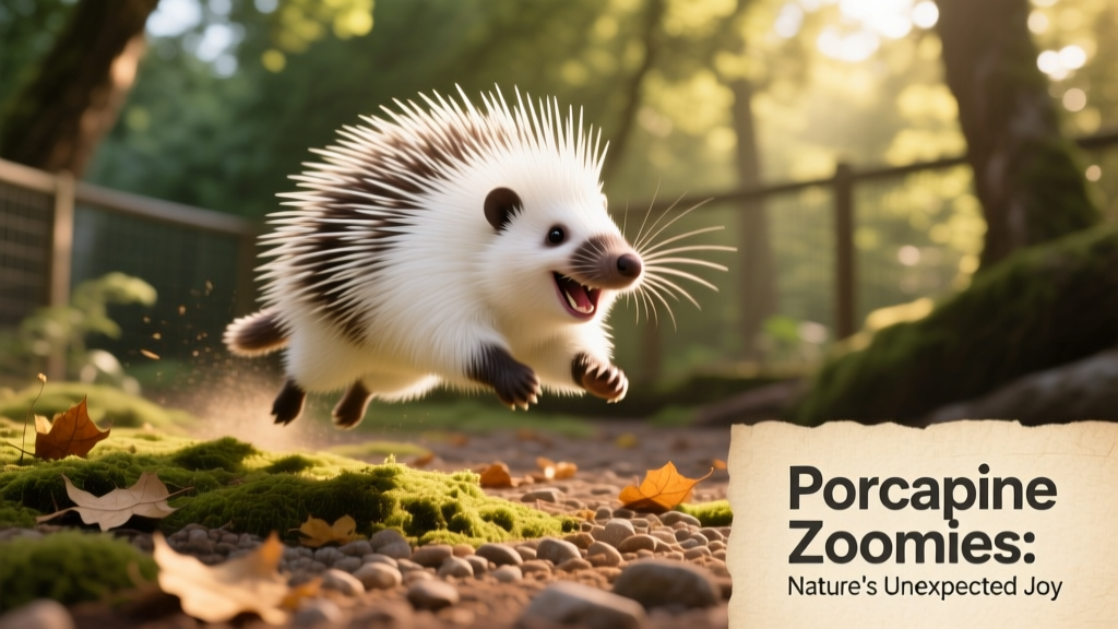 An all-white porcupine mid-zoomie, running with playful abandon across a naturalistic enclosure floor