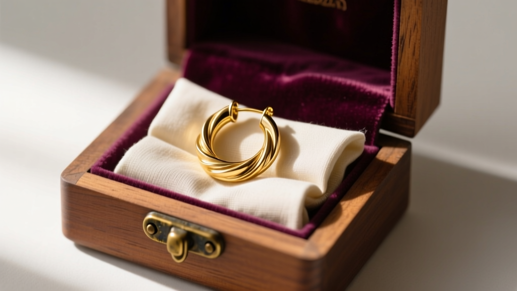 Anti-tarnish cloth wrapping a single gold hoop earring inside a small velvet-lined wooden jewelry box with a rustic brass latch.