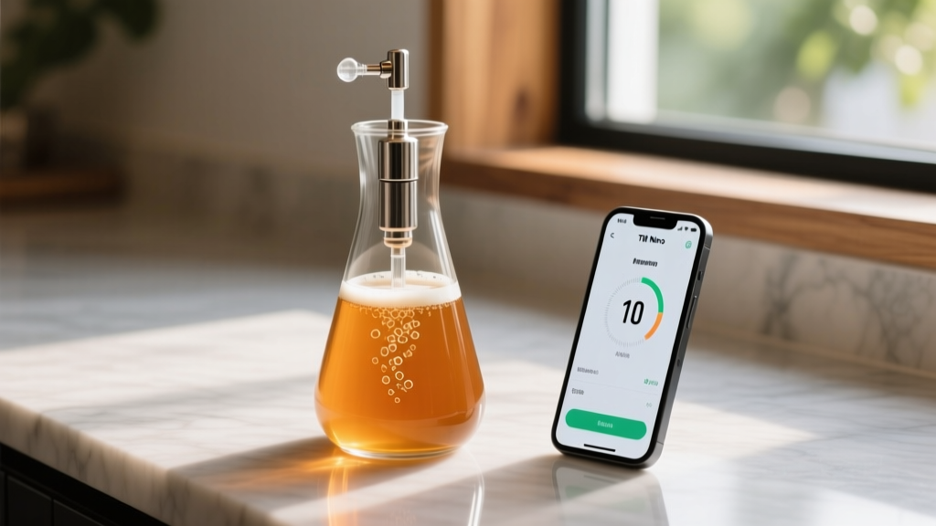 Tilt Nano digital hydrometer floating in a glass fermentation carafe with a smartphone displaying real-time gravity data nearby